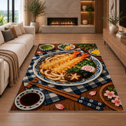 Tempura Udon Rug in a living room with a fireplace