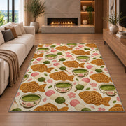 Taiyaki and Matcha Rug in a living room with a fireplace