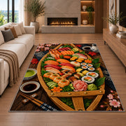 Sushi Boat Rug in a living room with a fireplace