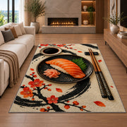Minimalist Sushi Rug in a living room with a fireplace
