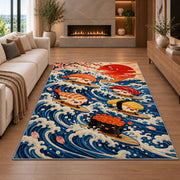 Surfing Sushi Rug in a living room with a fireplace