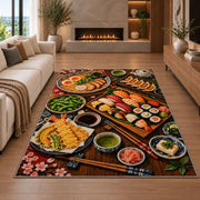 Japanese Feast Rug in a living room with a fireplace