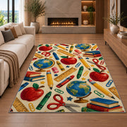 School Supplies Pattern Rug in a living room with a fireplace