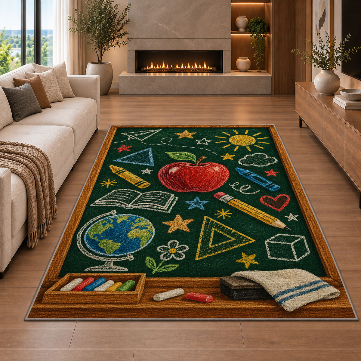 Chalkboard Doodle Rug in a living room with a fireplace