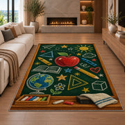 Chalkboard Doodle Rug in a living room with a fireplace