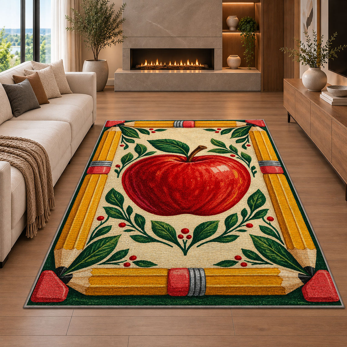 Pencil Frame Apple Rug in a living room with a fireplace
