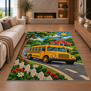 School Bus Rug in a living room with a fireplace