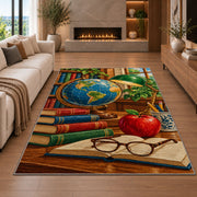 Vintage Globe Teacher Rug in a living room with a fireplace