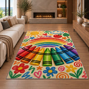Crayon Rainbow Rug in a living room with a fireplace