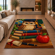 Wise Owl Teacher Rug in a living room with a fireplace