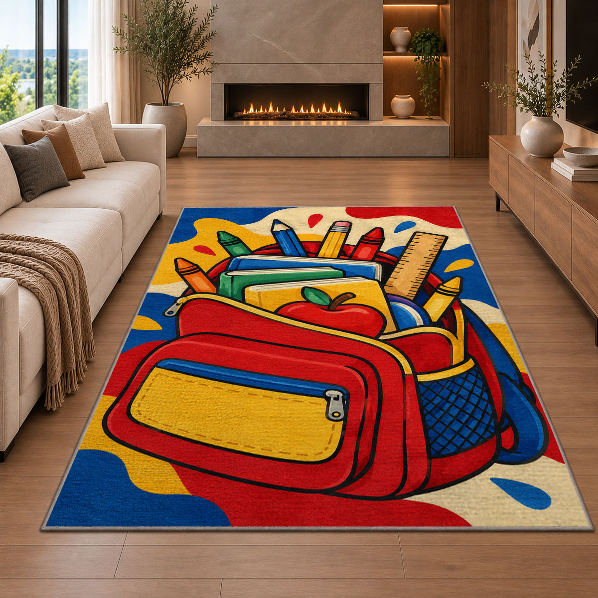 Backpack School Rug in a living room with a fireplace