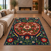 Folk Art Apple Rug in a living room with a fireplace