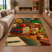 Teacher Desk Rug in a living room with a fireplace