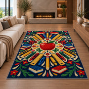 School Supplies Mandala Rug in a living room with a fireplace