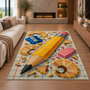 Giant Pencil Rug in a living room with a fireplace