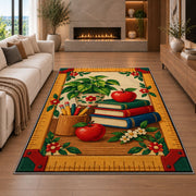Ruler Border Teacher Rug in a living room with a fireplace