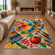 Art Teacher Rug in a living room with a fireplace