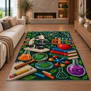 Science Teacher Rug in a living room with a fireplace