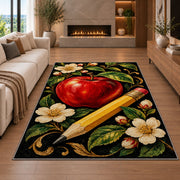 Apple and Pencil Rug in a living room with a fireplace