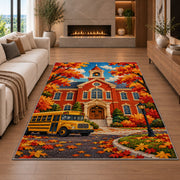 Autumn Schoolhouse Rug in a living room with a fireplace