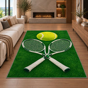 Tennis Rackets and Ball Rug in a living room with a fireplace
