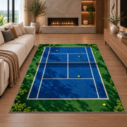 Tennis Court Rug in a living room with a fireplace