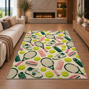 Tennis Pattern Rug in a living room with a fireplace