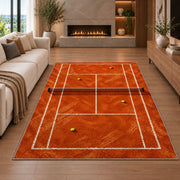 Clay Tennis Court Rug in a living room with a fireplace