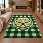 Tennis Club Rug in a living room with a fireplace