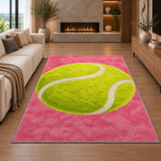 Giant Tennis Ball Rug in a living room with a fireplace