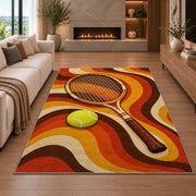 Retro Tennis Rug in a living room with a fireplace