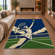 Tennis Player Serve Rug in a living room with a fireplace