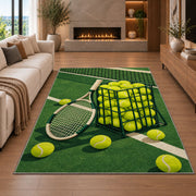 Tennis Ball Basket Rug in a living room with a fireplace