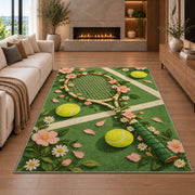 Floral Tennis Racket Rug in a living room with a fireplace