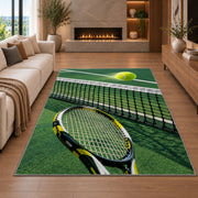 Tennis Net Rug in a living room with a fireplace