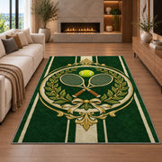 Vintage Tennis Crest Rug in a living room with a fireplace