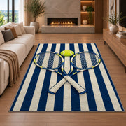 Preppy Stripe Tennis Rug in a living room with a fireplace