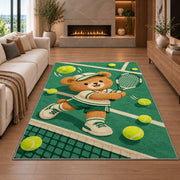 Baby Bear Tennis Rug in a living room with a fireplace