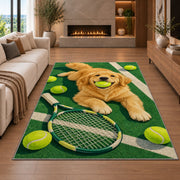 Dog with Tennis Ball Rug in a living room with a fireplace