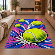 Pop Art Tennis Ball Rug in a living room with a fireplace