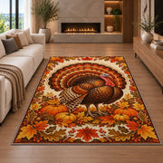 Fall Turkey Rug in a living room with a fireplace