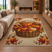 Harvest Basket Pumpkin Rug in a living room with a fireplace
