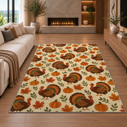 Turkey and Pumpkin Pattern Rug in a living room with a fireplace