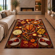 Thanksgiving Dinner Table Rug in a living room with a fireplace