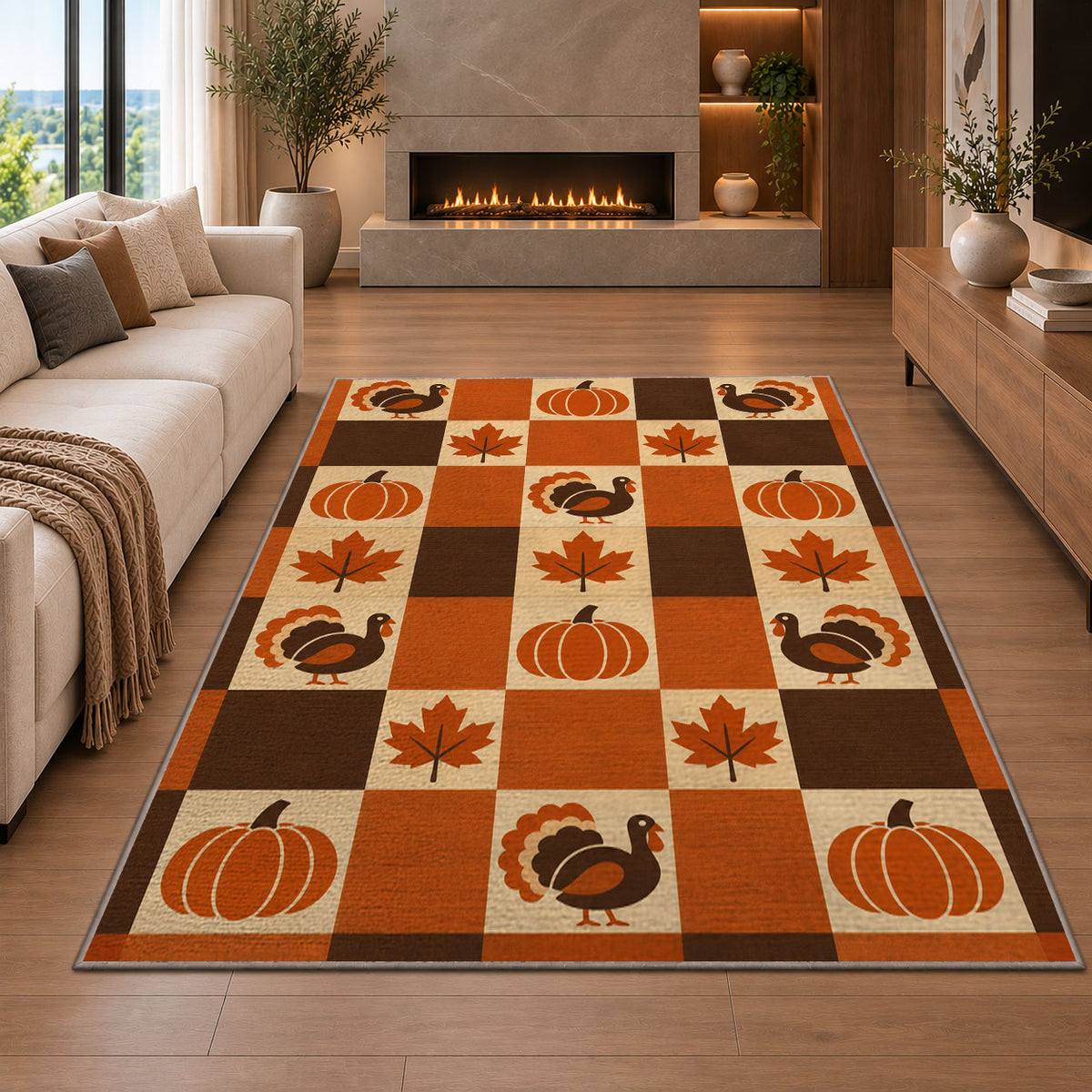 Retro Checkered Thanksgiving Rug in a living room with a fireplace