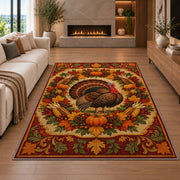 Autumn Wreath Turkey Rug in a living room with a fireplace