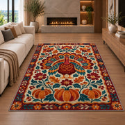 Folk Art Turkey Rug in a living room with a fireplace