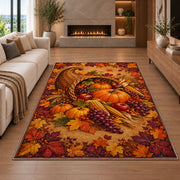 Cornucopia Harvest Rug in a living room with a fireplace