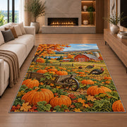 Pumpkin Patch Farm Rug in a living room with a fireplace
