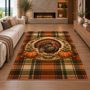 Tartan Plaid Turkey Rug in a living room with a fireplace
